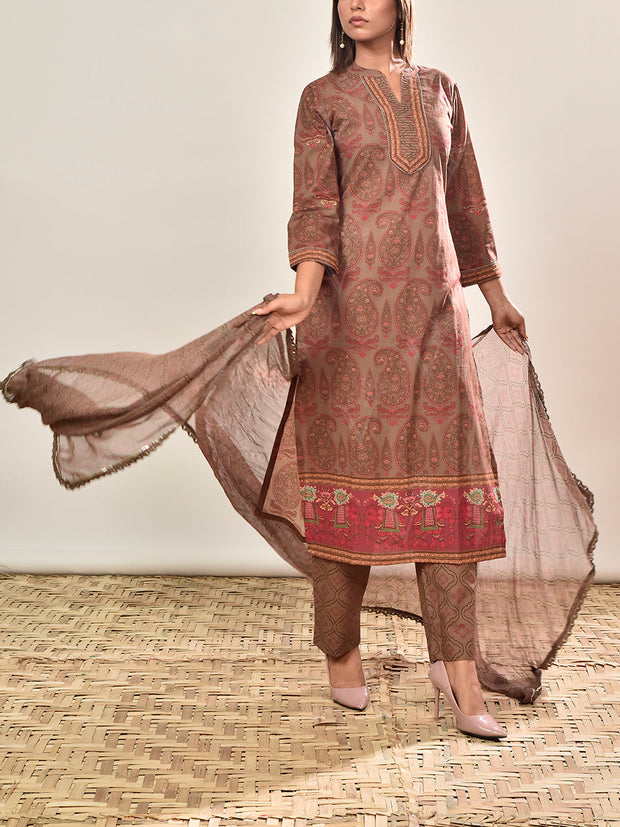 Brown Cotton Printed Suit Set
