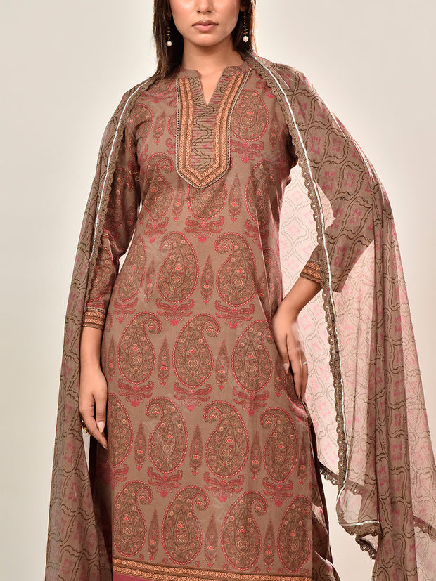 Brown Cotton Printed Suit Set