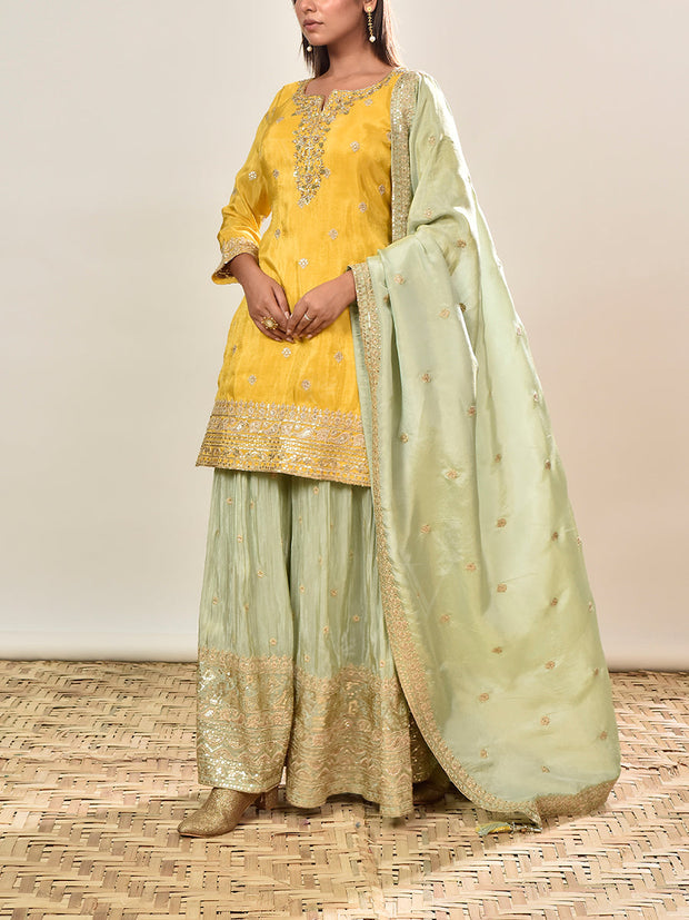 Yellow and Green Tissue Embroidered Kurta and Garara Set