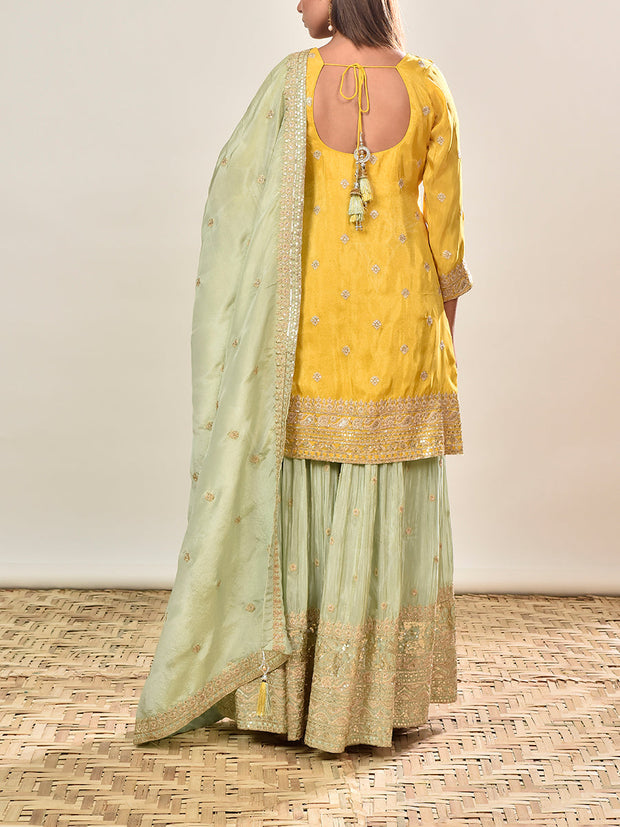 Yellow and Green Tissue Embroidered Kurta and Garara Set