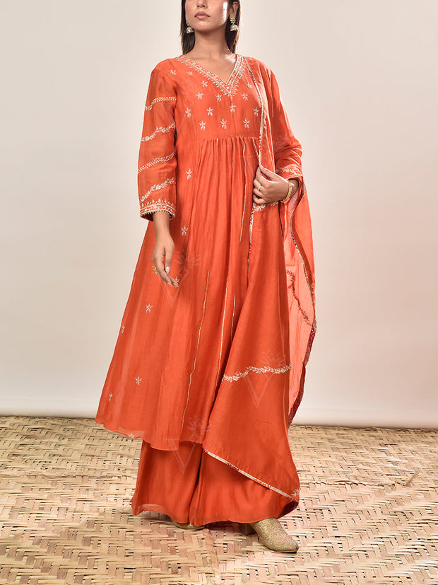 Orange Embroidered Cotton Silk Suit Set