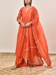 Orange Embroidered Cotton Silk Suit Set