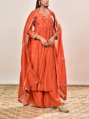 Orange Embroidered Cotton Silk Suit Set