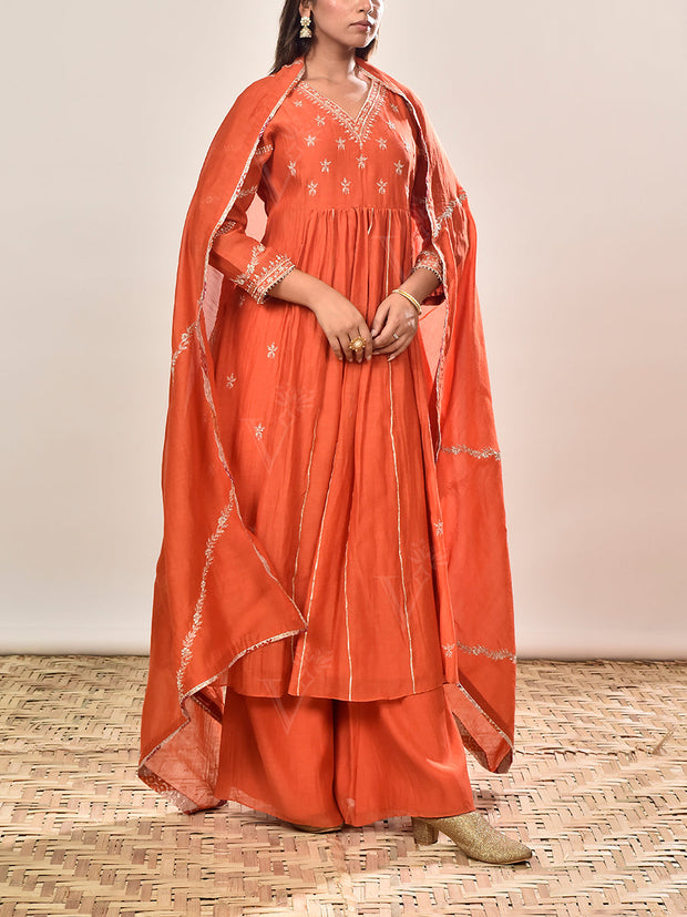 Orange Embroidered Cotton Silk Suit Set