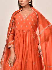 Orange Embroidered Cotton Silk Suit Set