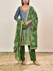 Blue and Green Banarasi SIilk Ombre Embroidered Suit Set