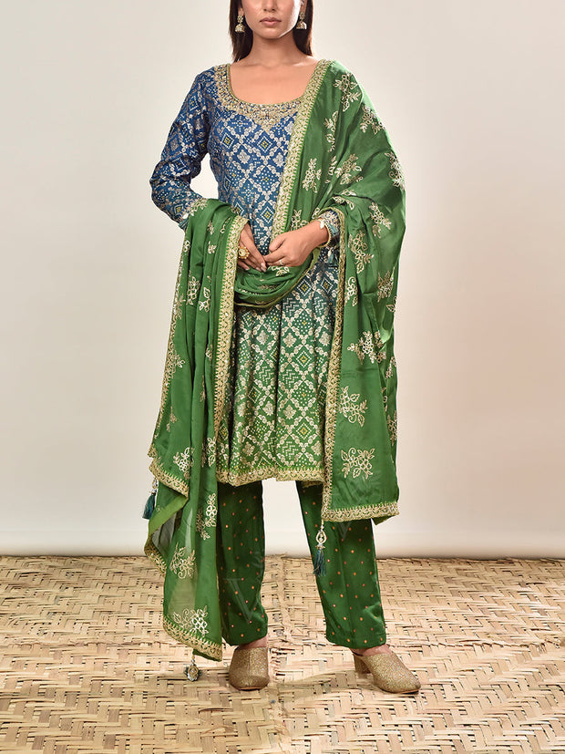 Blue and Green Banarasi SIilk Ombre Embroidered Suit Set