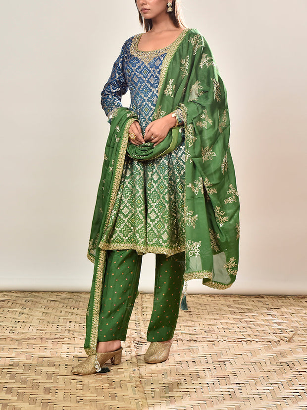 Blue and Green Banarasi SIilk Ombre Embroidered Suit Set