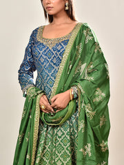 Blue and Green Banarasi SIilk Ombre Embroidered Suit Set