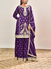 Violet Embroidered Wrinkle Crepe Kurta and Garara Set