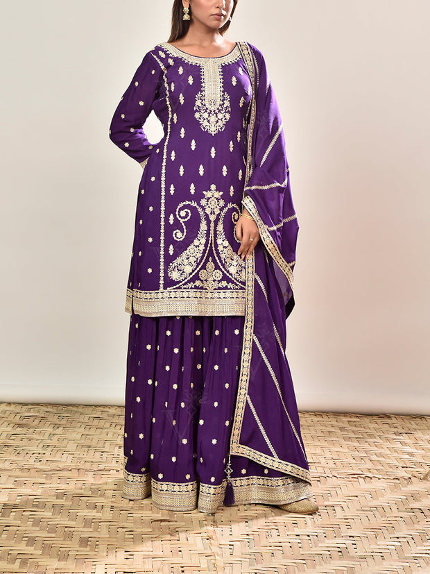 Violet Embroidered Wrinkle Crepe Kurta and Garara Set