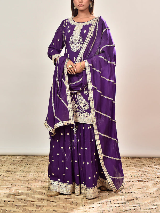 Violet Embroidered Wrinkle Crepe Kurta and Garara Set