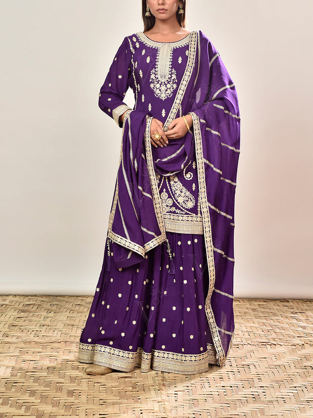 Violet Embroidered Wrinkle Crepe Kurta and Garara Set