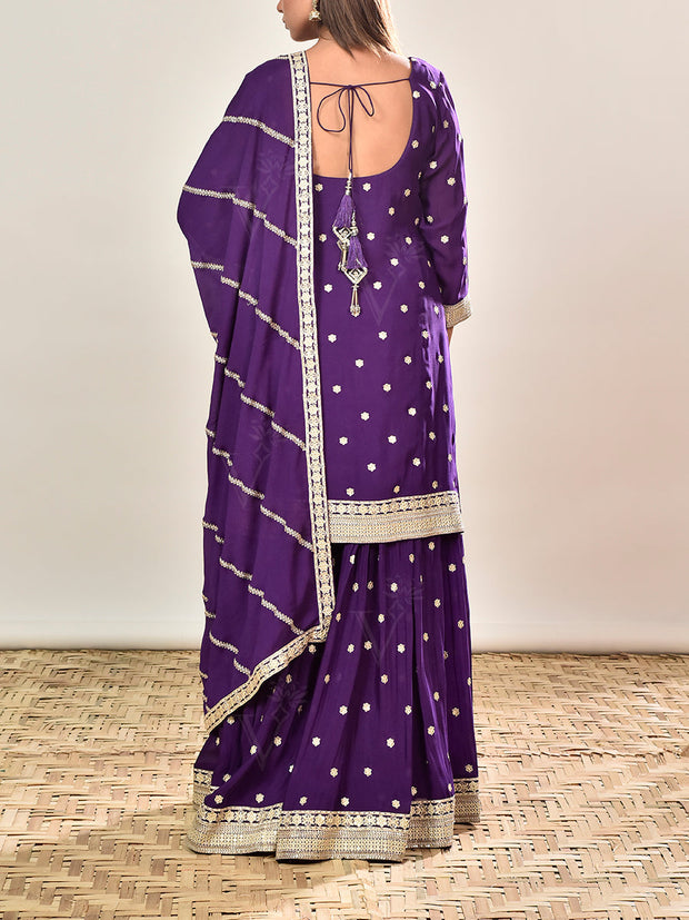 Violet Embroidered Wrinkle Crepe Kurta and Garara Set