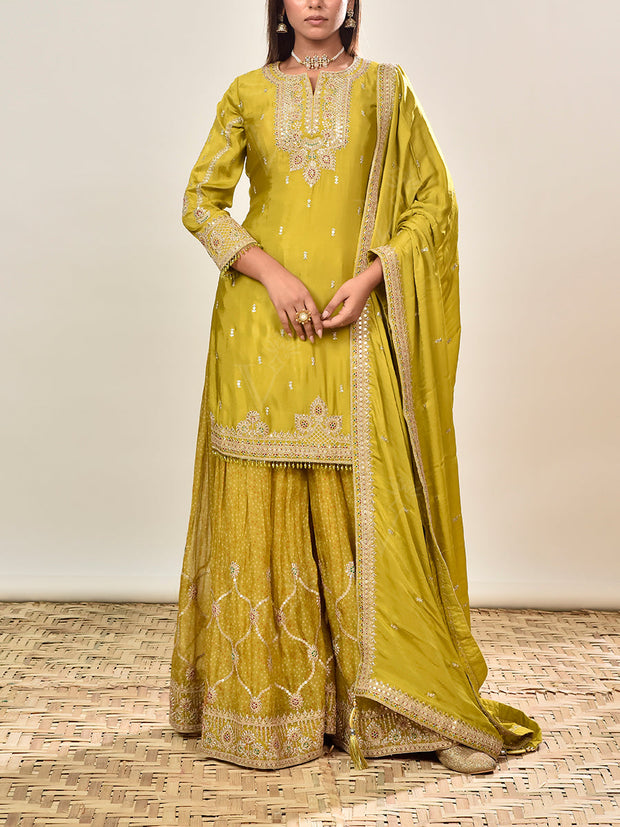 Green Embroidered Wrinkle Crepe Kurta and Garara Set