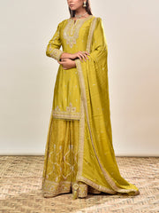 Green Embroidered Wrinkle Crepe Kurta and Garara Set