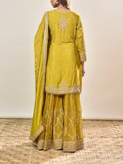 Green Embroidered Wrinkle Crepe Kurta and Garara Set