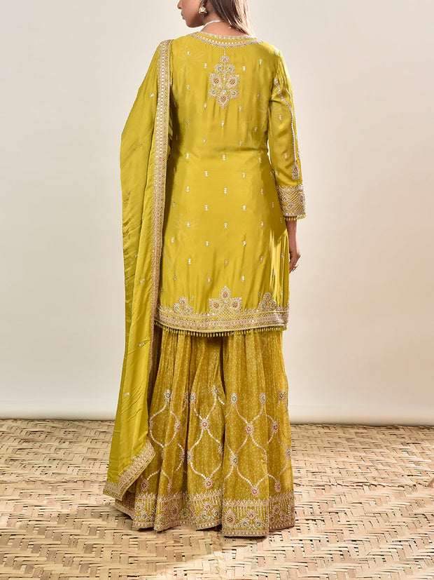 Green Embroidered Wrinkle Crepe Kurta and Garara Set