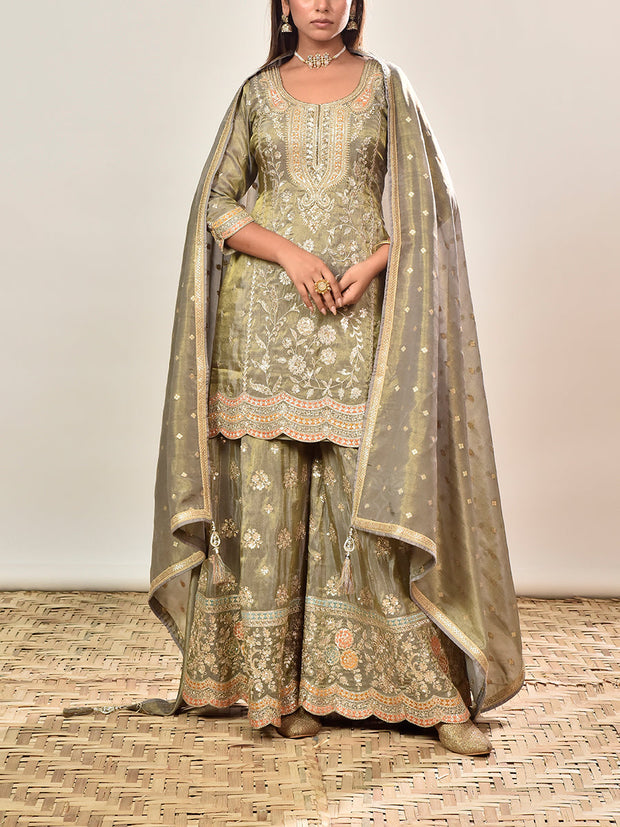 Grey Embroidered Tissue Kurta and Garara Set