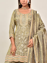 Grey Embroidered Tissue Kurta and Garara Set