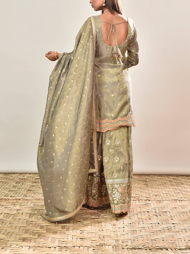 Grey Embroidered Tissue Kurta and Garara Set
