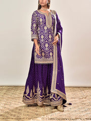 Violet Embroidered Wrinkle Crepe Kurta and Garara Set