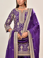Violet Embroidered Wrinkle Crepe Kurta and Garara Set