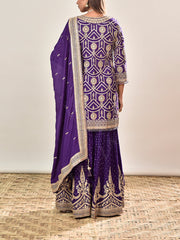 Violet Embroidered Wrinkle Crepe Kurta and Garara Set