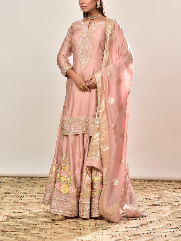 Pink Floral Satin Silk Embroidered Kurta and Garara Set