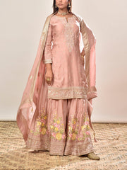 Pink Floral Satin Silk Embroidered Kurta and Garara Set