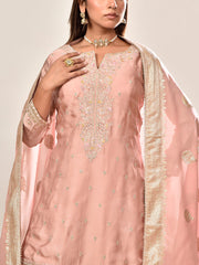 Pink Floral Satin Silk Embroidered Kurta and Garara Set