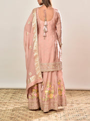 Pink Floral Satin Silk Embroidered Kurta and Garara Set