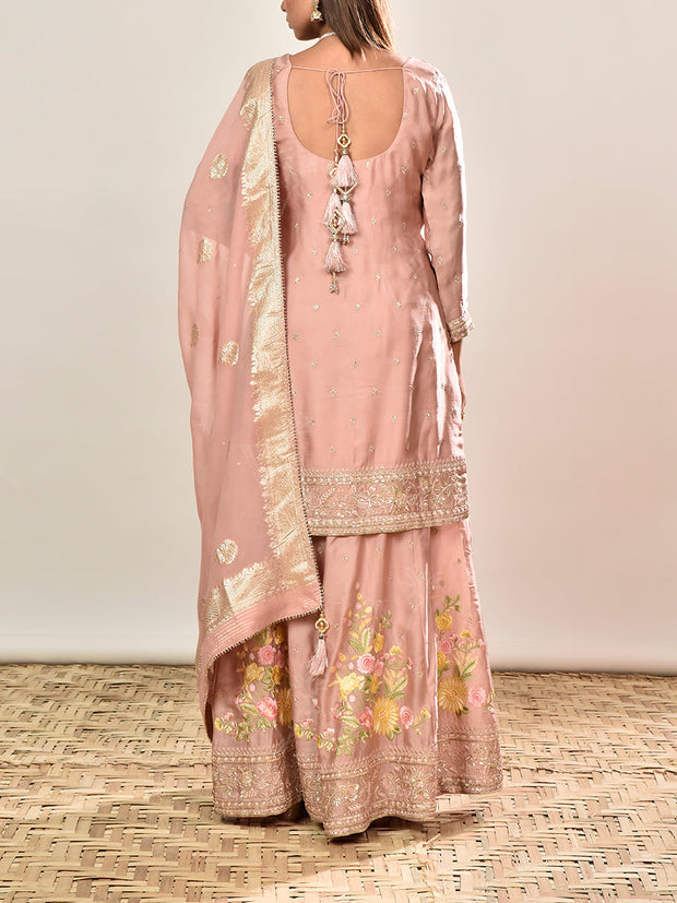 Pink Floral Satin Silk Embroidered Kurta and Garara Set
