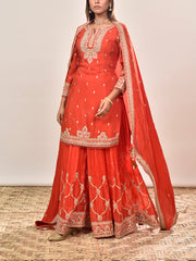 Orange Embroidered Wrinkle Crepe Kurta and Garara Set
