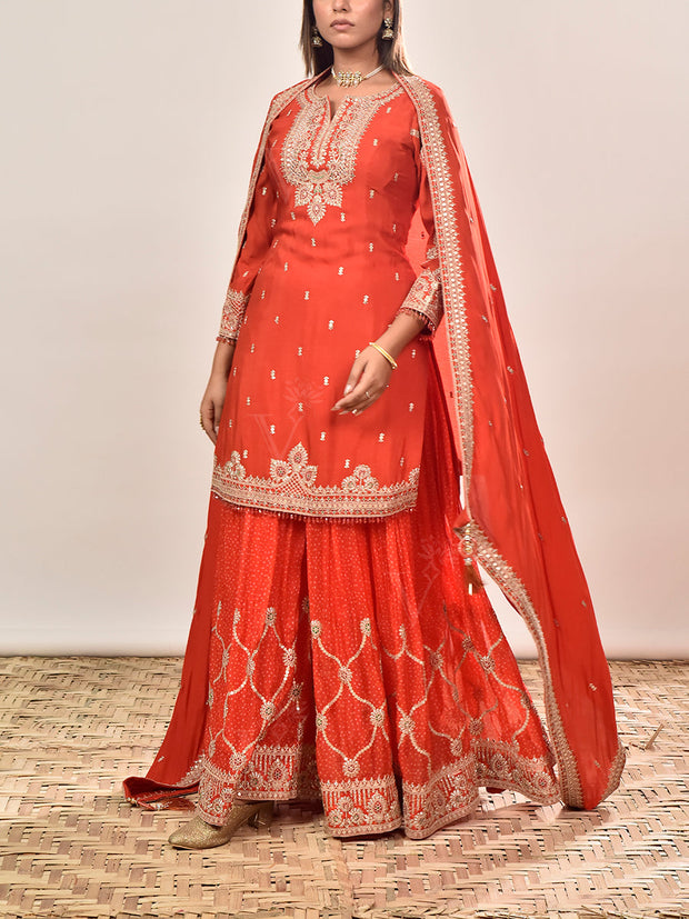 Orange Embroidered Wrinkle Crepe Kurta and Garara Set