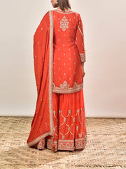Orange Embroidered Wrinkle Crepe Kurta and Garara Set