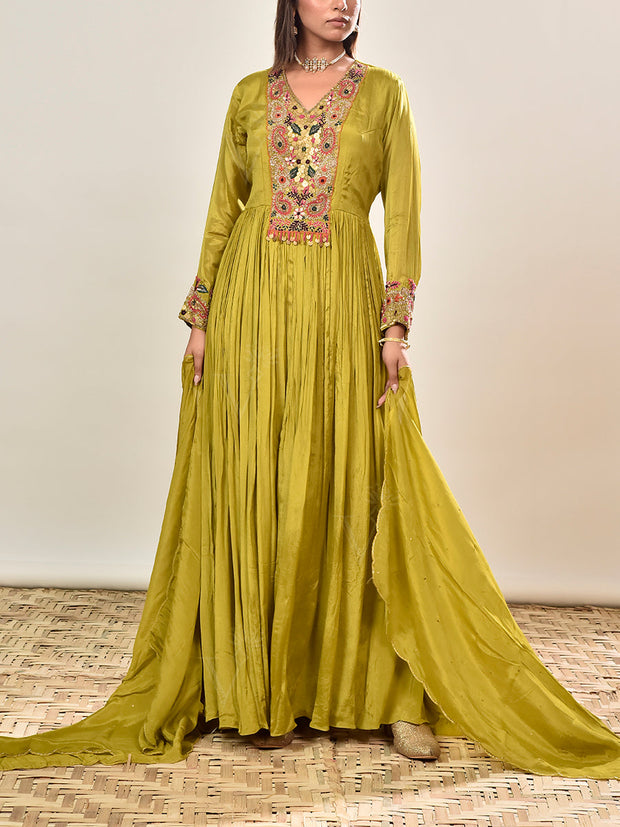 Olive Green Embroidered Wrinkle Crepe Gown