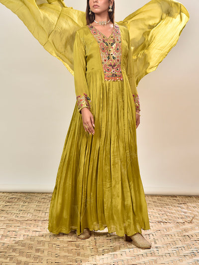 Olive Green Embroidered Wrinkle Crepe Gown