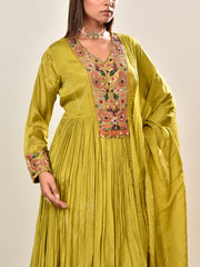 Olive Green Embroidered Wrinkle Crepe Gown