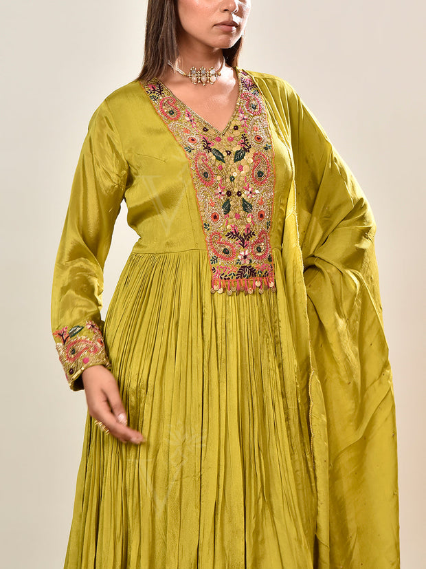 Olive Green Embroidered Wrinkle Crepe Gown