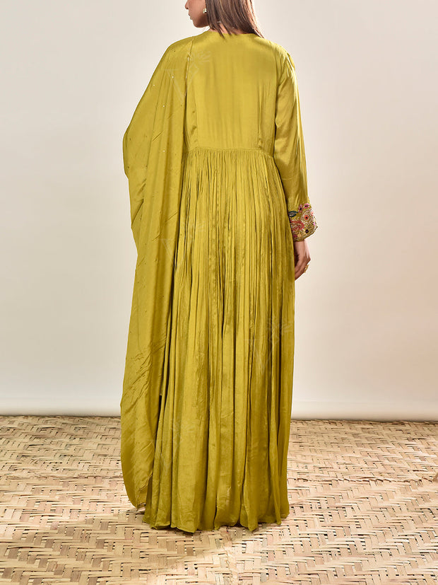 Olive Green Embroidered Wrinkle Crepe Gown
