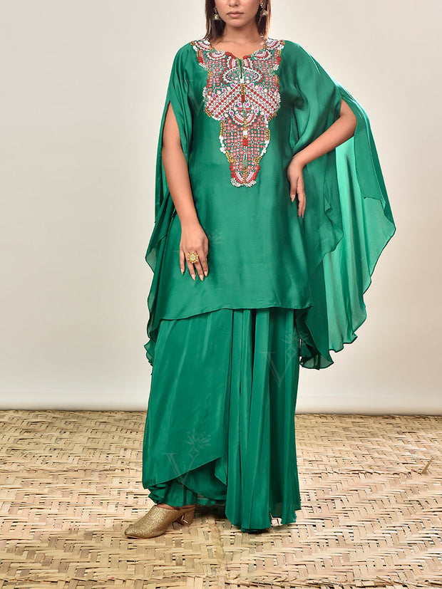Green Embroidered Crepe Cape and Drape Skirt Set