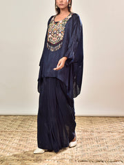 Blue Embroidered Crepe Kaftan and Drape Skirt Set