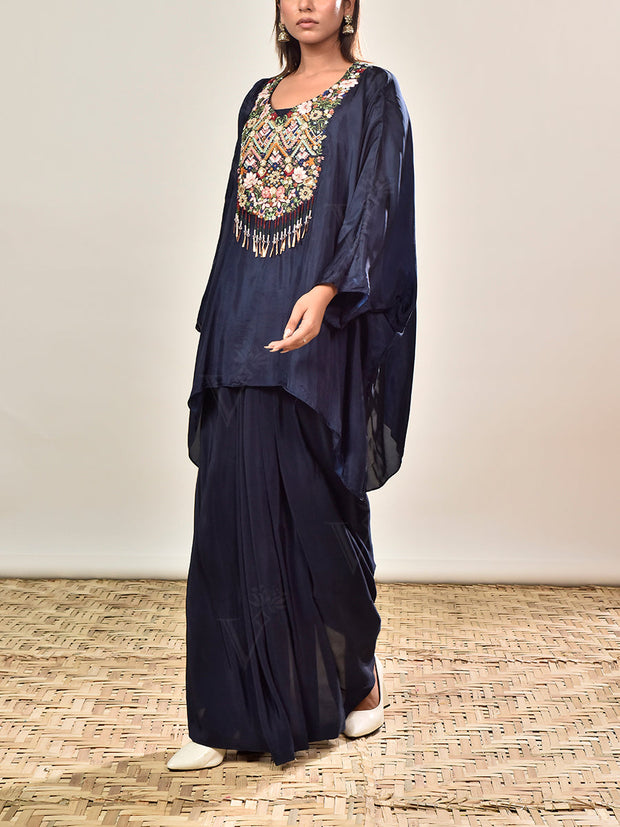 Blue Embroidered Crepe Kaftan and Drape Skirt Set