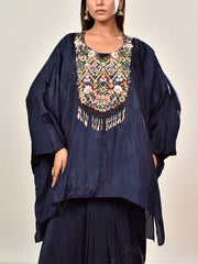 Blue Embroidered Crepe Kaftan and Drape Skirt Set