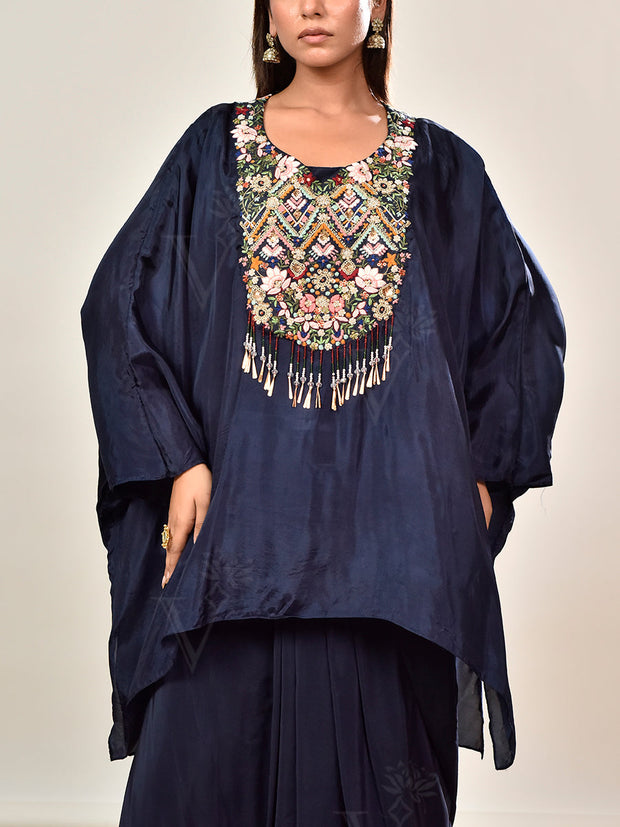Blue Embroidered Crepe Kaftan and Drape Skirt Set