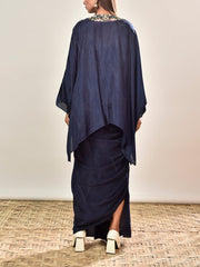 Blue Embroidered Crepe Kaftan and Drape Skirt Set