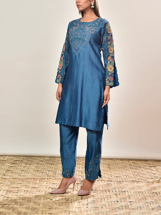 Blue Embroidered Chanderi Silk Suit Set