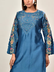Blue Embroidered Chanderi Silk Suit Set