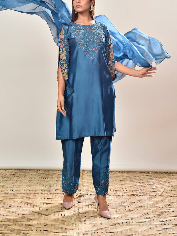 Blue Embroidered Chanderi Silk Suit Set